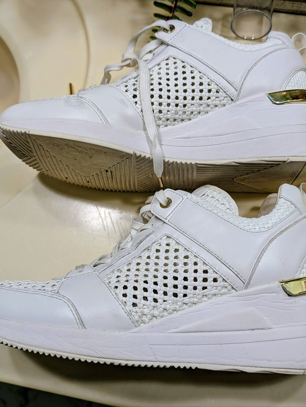 Michael Kors Georgie White Woven 8.5 Platform Sneakers with Gold Heel Accent.